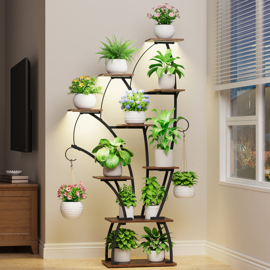 plant stand indoor with grow lights - 65" tall plant shelf, Lighted large plant stand for indoor plants, 8 Tiered Flower holder, shell-shaped plant rack for living room, home décor - BECOKOME