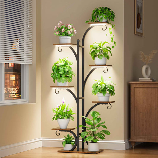 63" Tall 7-Tier Plant Stand with Grow Light – Indoor Metal Corner Shelf for Multiple Plants and Flowers