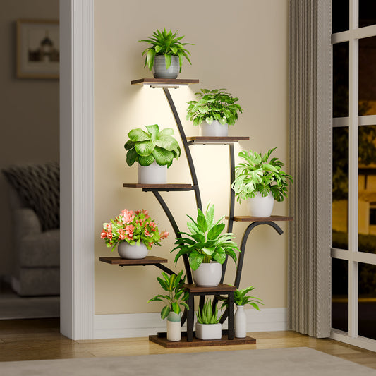 Plant Stand Indoor with Grow Lights - Corner Plant Shelf Indoor, 43" Tall Plant Stand for Indoor Plants, 7 Tiered Large Lighted Flower Stands Display Holder for Living Room, Patio Decor, Black - BECOKOME