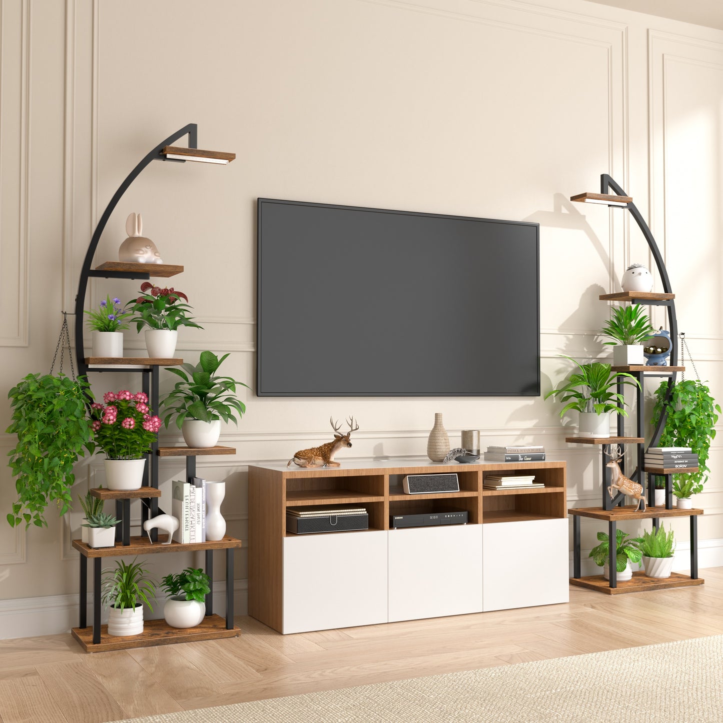 BECOKOME Plant Stand Indoor with Grow Lights, 64" Tall 7-Tiered Lighted Plant Shelf, 2 Pack Metal Corner Plant Holder, Curved Flower Display Stand - BECOKOME