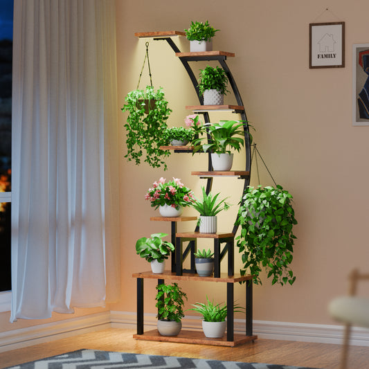 BECOKOME Plant Stand Indoor with Grow Lights, 63" Tall Indoor Plant Shelf, 9 Tiered Corner Plant Holder, Large Flower Display Shelf for Living Room, Bedroom, Office, Home Decor - BECOKOME