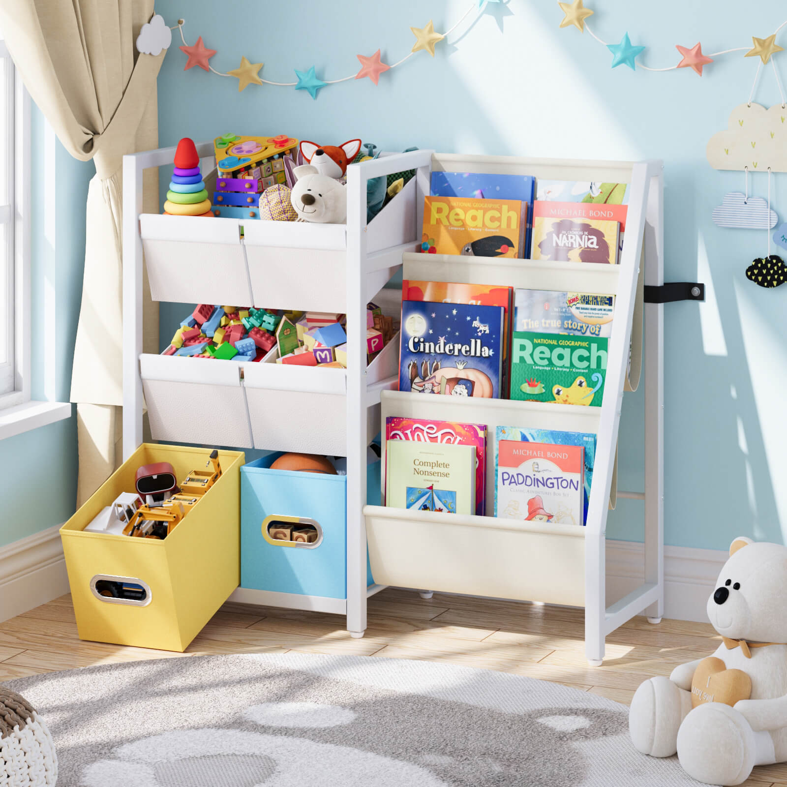 Kids Bookshelf Toy Storage Organizer - Book Shelf for Kid Rooms, 6 Toy Bins for Kid Organizer and 3 Sling Kids Bookcase, Toddler Baby Montessori Nursery Bookshelf Childrens Book Rack Display - BECOKOME