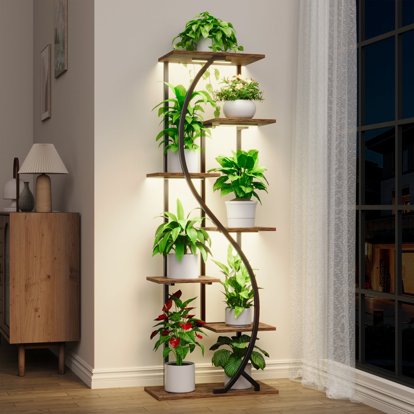 59" Tall Plant Stand with Grow Light Indoor, 7 Tiered Metal Plant Shelf, S-Shaped Flower Display Stand, Corner Storage Shelf for Living Room, Patio, Balcony Decor - BECOKOME