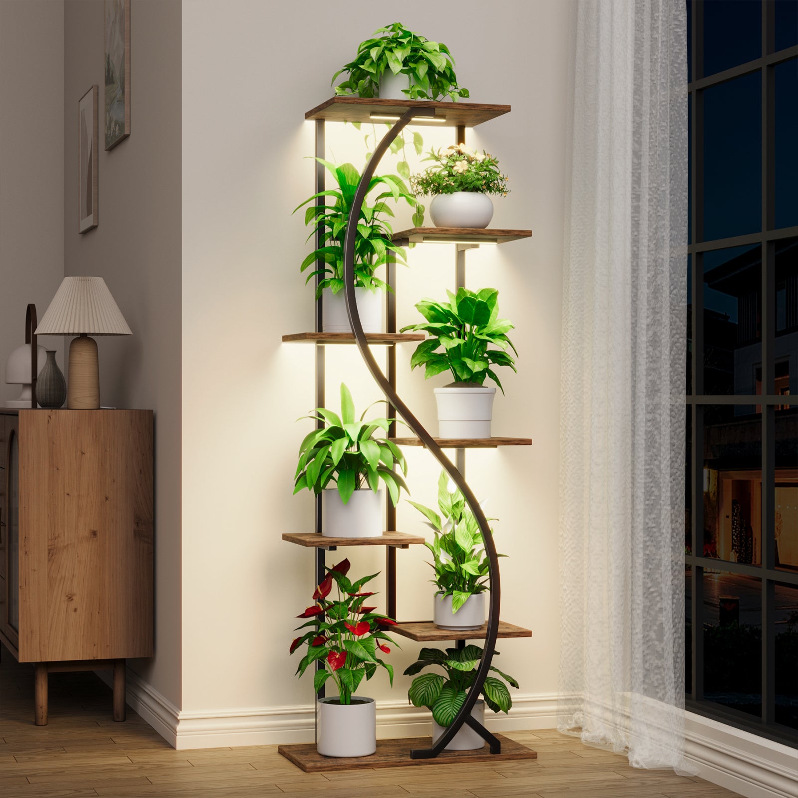 59" Tall Plant Stand with Grow Light Indoor, 7 Tiered Metal Plant Shelf, S-Shaped Flower Display Stand, Corner Storage Shelf for Living Room, Patio, Balcony Decor - BECOKOME