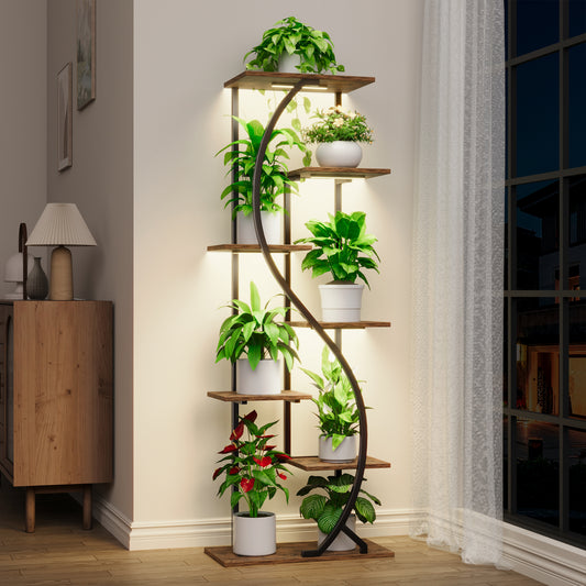 59" Tall Plant Stand with Grow Light Indoor, 7 Tiered Metal Plant Shelf, S-Shaped Flower Display Stand, Corner Storage Shelf for Living Room, Patio, Balcony Decor - BECOKOME