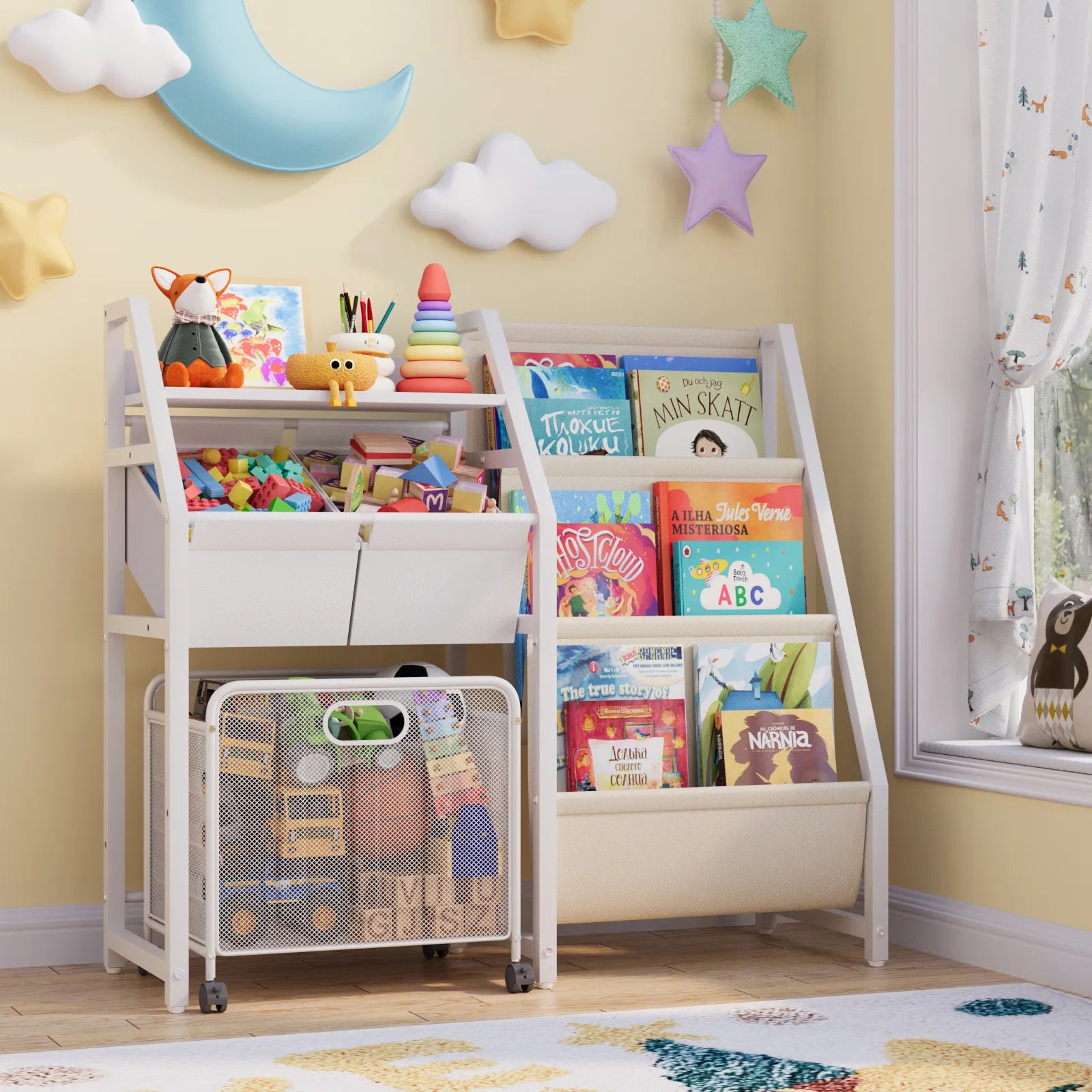 Kids Bookshelf and Toy Storage Organizer - 3 Tier Book Shelf for Kids Rooms with Movable Drawer, Kid Bookcase with 2 Toy Bins, Toddler Baby Childrens Bookshelf, for Bedroom Playroom Classroom (White) - BECOKOME