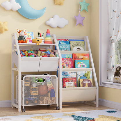 Kids Bookshelf and Toy Storage Organizer - 3 Tier Book Shelf for Kids Rooms with Movable Drawer, Kid Bookcase with 2 Toy Bins, Toddler Baby Childrens Bookshelf, for Bedroom Playroom Classroom (White) - BECOKOME