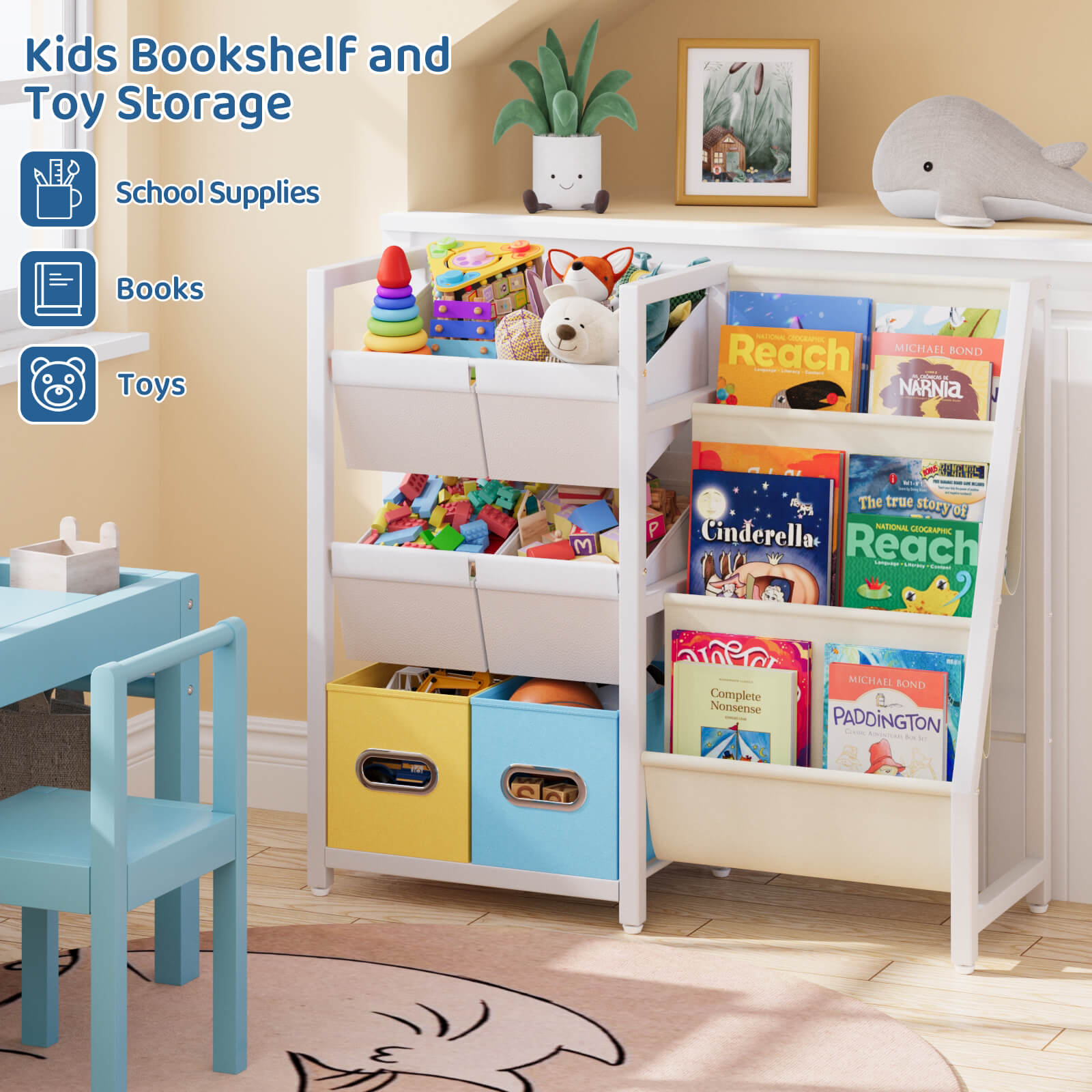 Kids Bookshelf Toy Storage Organizer - Book Shelf for Kid Rooms, 6 Toy Bins for Kid Organizer and 3 Sling Kids Bookcase, Toddler Baby Montessori Nursery Bookshelf Childrens Book Rack Display - BECOKOME
