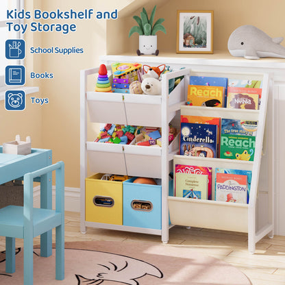 Kids Bookshelf Toy Storage Organizer - Book Shelf for Kid Rooms, 6 Toy Bins for Kid Organizer and 3 Sling Kids Bookcase, Toddler Baby Montessori Nursery Bookshelf Childrens Book Rack Display - BECOKOME