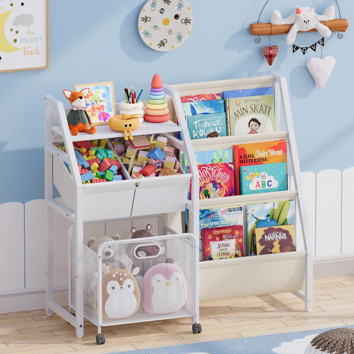 Kids Bookshelf and Toy Storage Organizer - 3 Tier Book Shelf for Kids Rooms with Movable Drawer, Kid Bookcase with 2 Toy Bins, Toddler Baby Childrens Bookshelf, for Bedroom Playroom Classroom (White) - BECOKOME