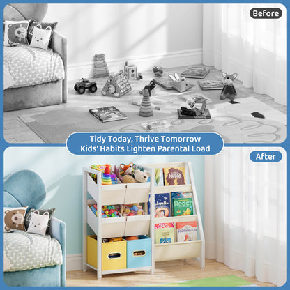 Kids Bookshelf Toy Storage Organizer - Book Shelf for Kid Rooms, 6 Toy Bins for Kid Organizer and 3 Sling Kids Bookcase, Toddler Baby Montessori Nursery Bookshelf Childrens Book Rack Display - BECOKOME