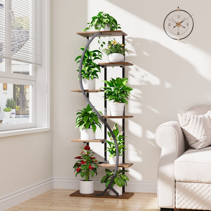 59" Tall Plant Stand with Grow Light Indoor, 7 Tiered Metal Plant Shelf, S-Shaped Flower Display Stand, Corner Storage Shelf for Living Room, Patio, Balcony Decor - BECOKOME