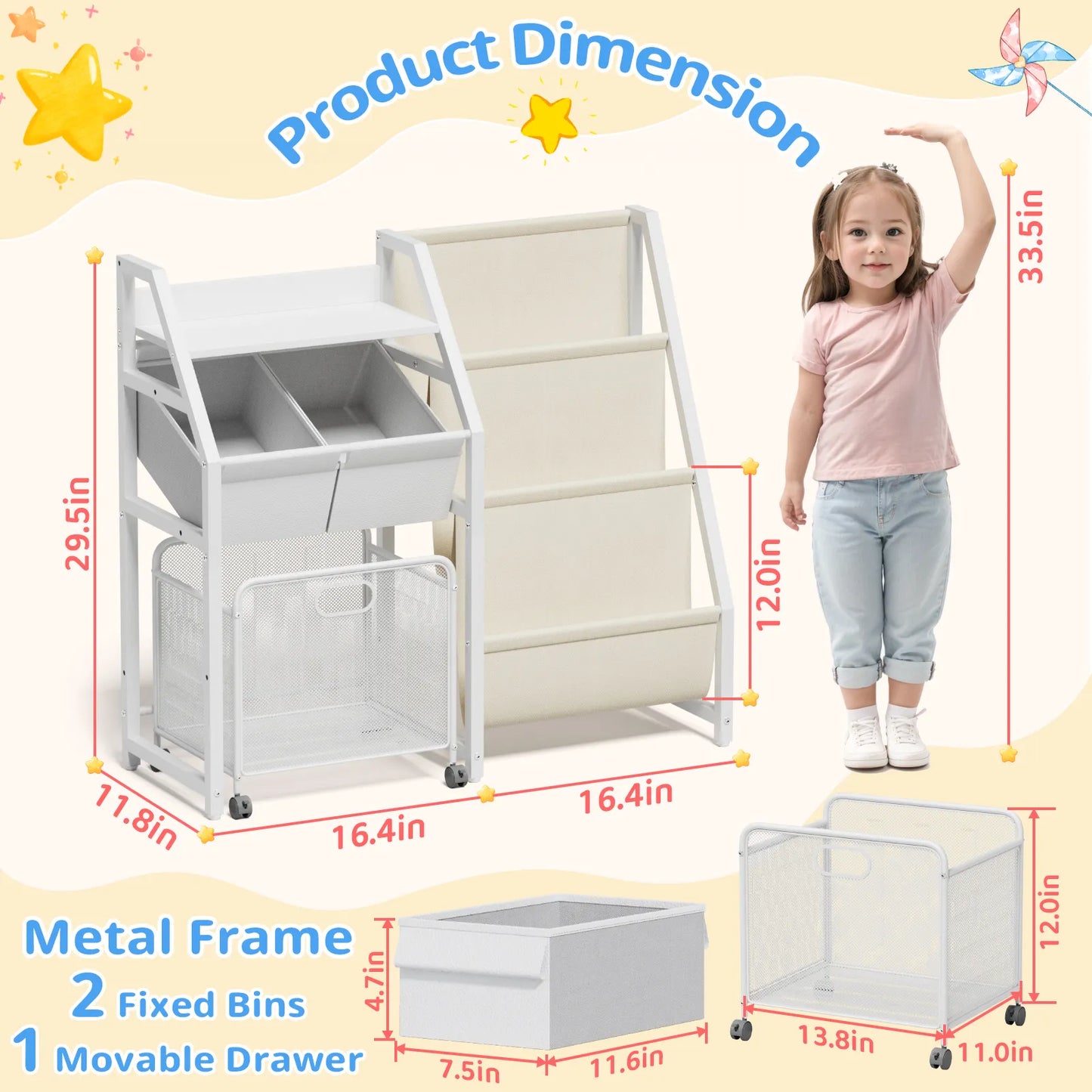 Kids Bookshelf and Toy Storage Organizer - 3 Tier Book Shelf for Kids Rooms with Movable Drawer, Kid Bookcase with 2 Toy Bins, Toddler Baby Childrens Bookshelf, for Bedroom Playroom Classroom (White) - BECOKOME