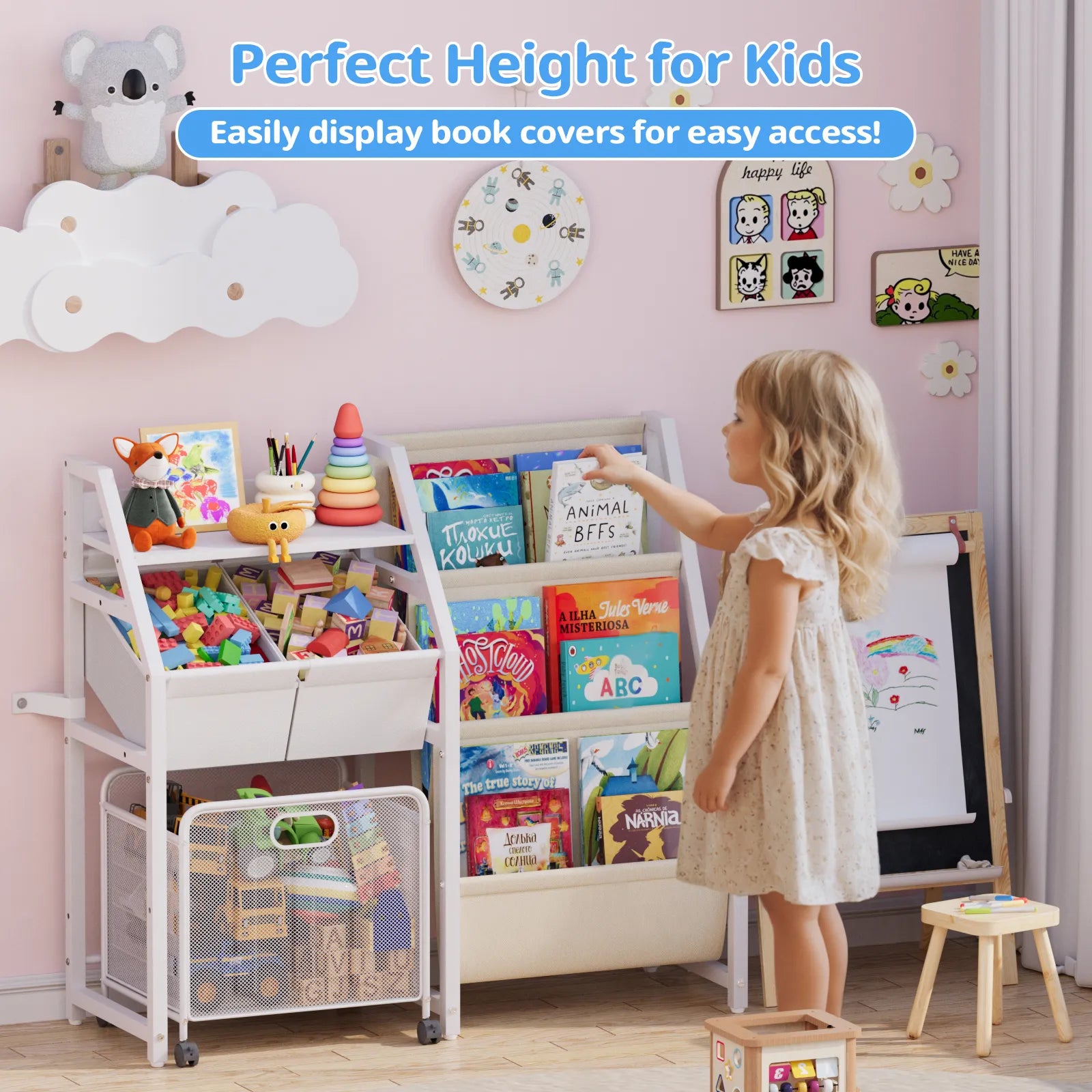 Kids Bookshelf and Toy Storage Organizer - 3 Tier Book Shelf for Kids Rooms with Movable Drawer, Kid Bookcase with 2 Toy Bins, Toddler Baby Childrens Bookshelf, for Bedroom Playroom Classroom (White) - BECOKOME