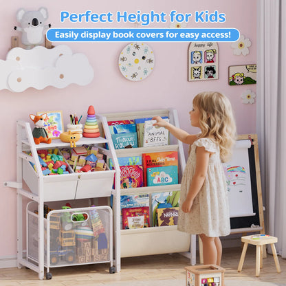 Kids Bookshelf and Toy Storage Organizer - 3 Tier Book Shelf for Kids Rooms with Movable Drawer, Kid Bookcase with 2 Toy Bins, Toddler Baby Childrens Bookshelf, for Bedroom Playroom Classroom (White) - BECOKOME