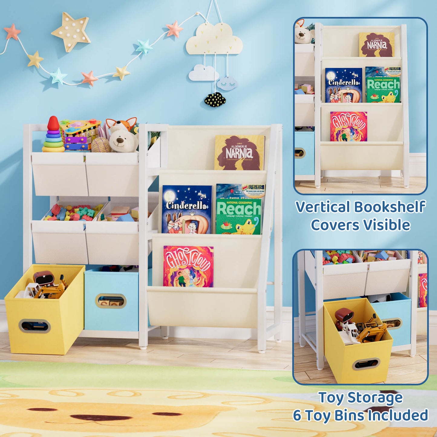 Kids Bookshelf Toy Storage Organizer - Book Shelf for Kid Rooms, 6 Toy Bins for Kid Organizer and 3 Sling Kids Bookcase, Toddler Baby Montessori Nursery Bookshelf Childrens Book Rack Display - BECOKOME
