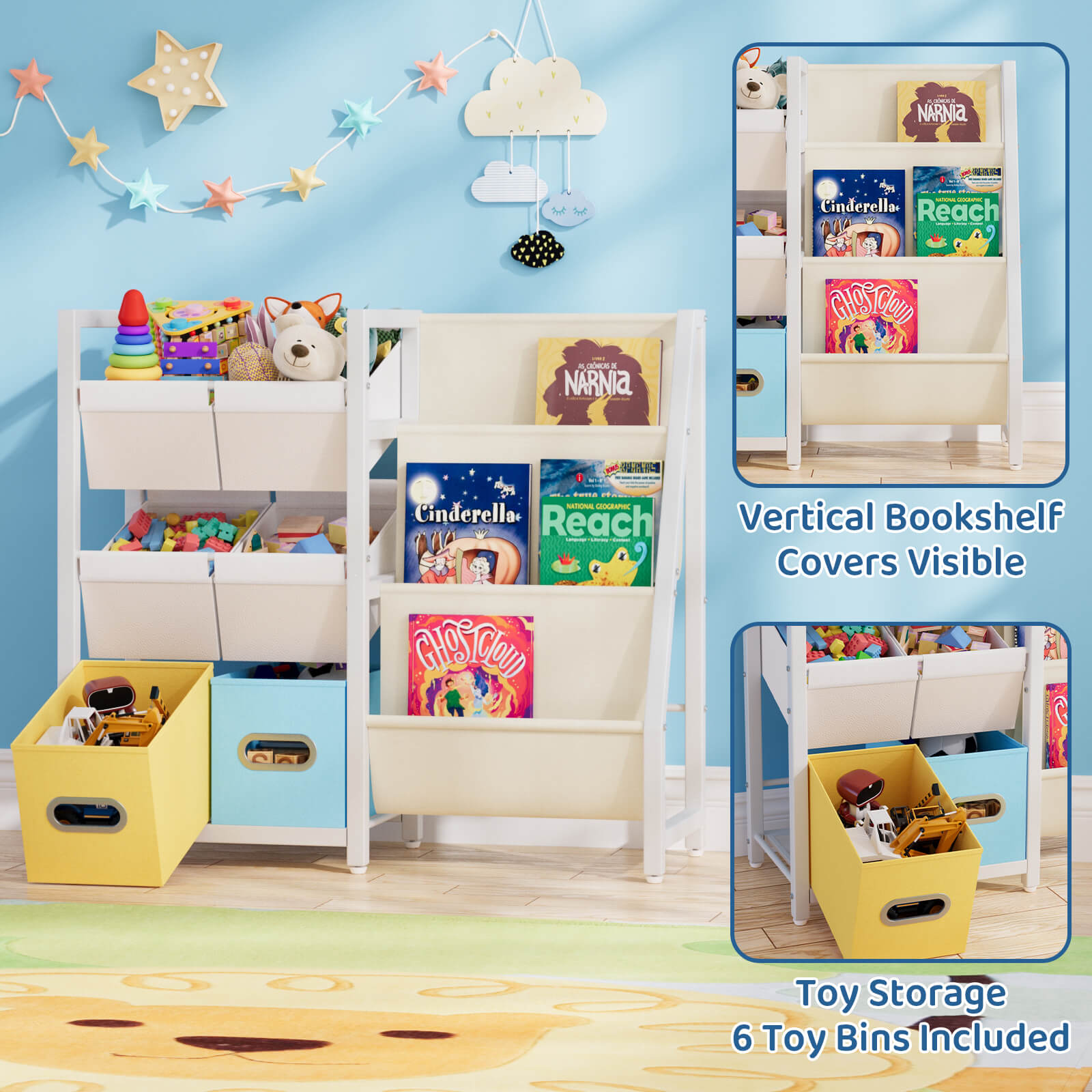 Kids Bookshelf Toy Storage Organizer - Book Shelf for Kid Rooms, 6 Toy Bins for Kid Organizer and 3 Sling Kids Bookcase, Toddler Baby Montessori Nursery Bookshelf Childrens Book Rack Display - BECOKOME