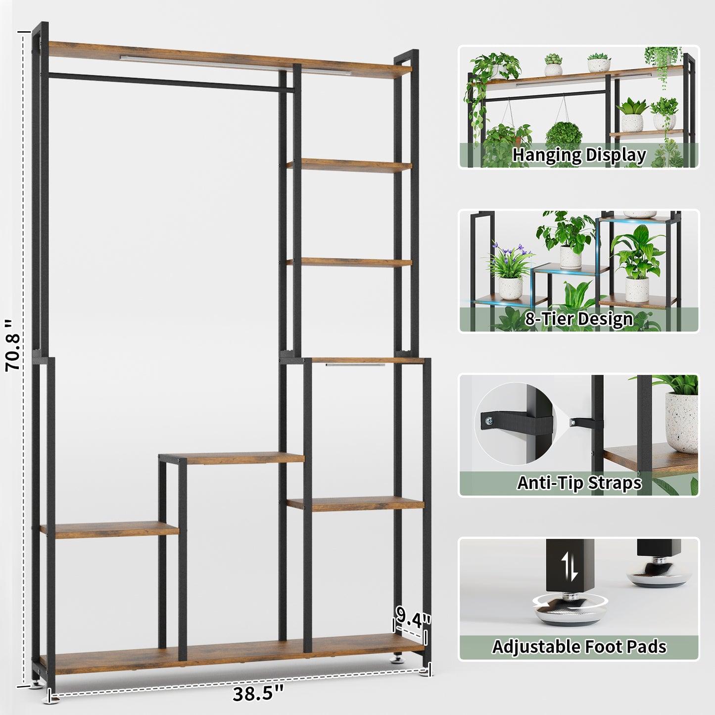 BECOKOME Plant Stand Indoor with Grow Lights, 71" Tall 6-Tier Large Plant Shelf, Corner Metal Display Rack - BECOKOME