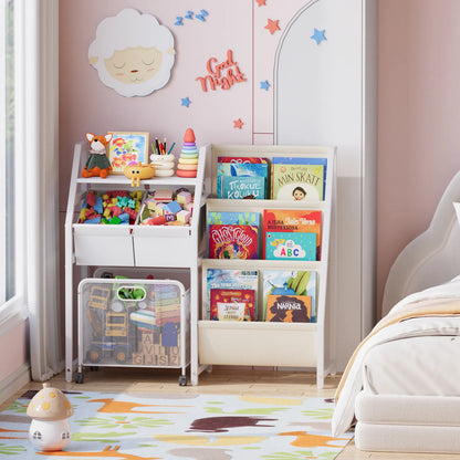 Kids Bookshelf and Toy Storage Organizer - 3 Tier Book Shelf for Kids Rooms with Movable Drawer, Kid Bookcase with 2 Toy Bins, Toddler Baby Childrens Bookshelf, for Bedroom Playroom Classroom (White) - BECOKOME