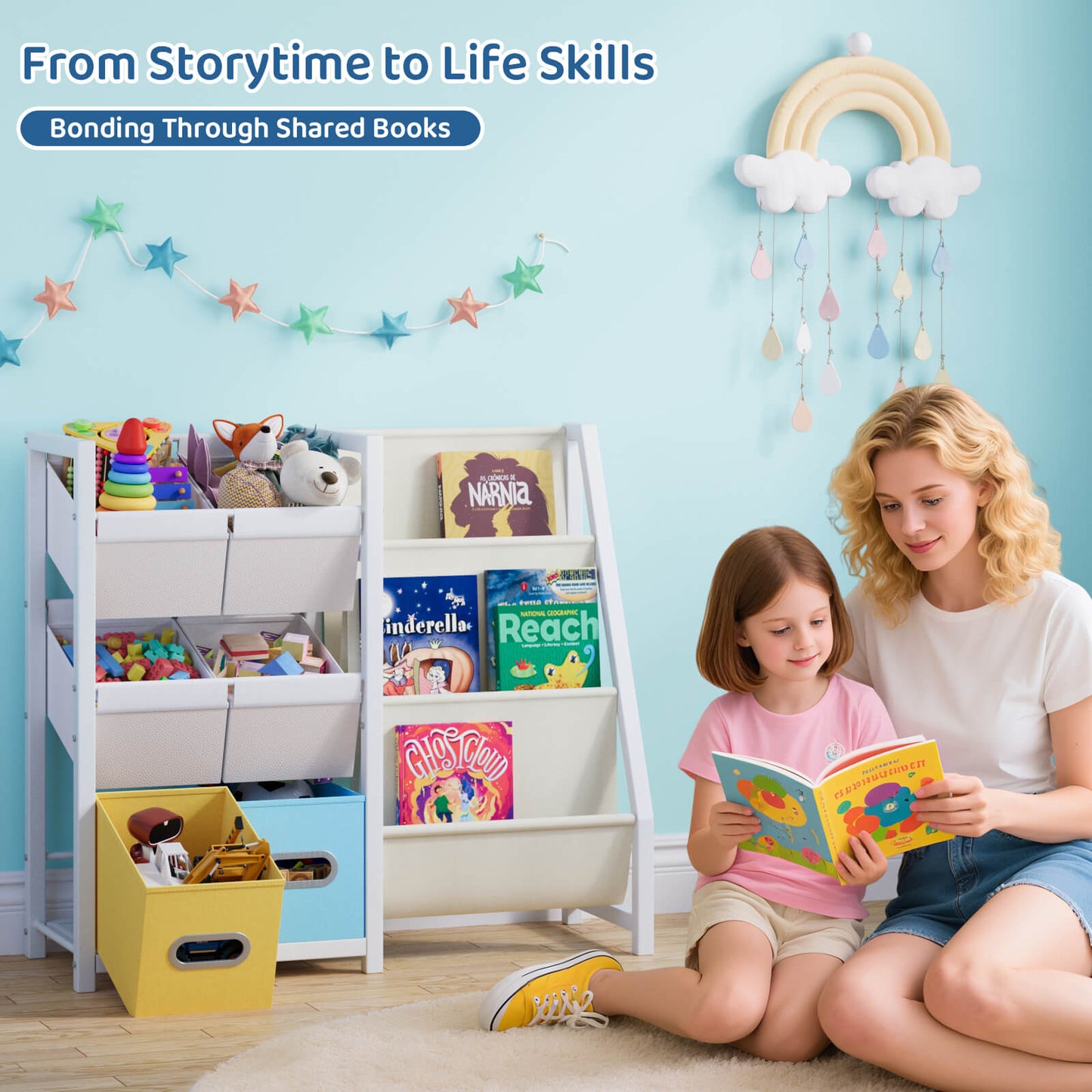 Kids Bookshelf Toy Storage Organizer - Book Shelf for Kid Rooms, 6 Toy Bins for Kid Organizer and 3 Sling Kids Bookcase, Toddler Baby Montessori Nursery Bookshelf Childrens Book Rack Display - BECOKOME