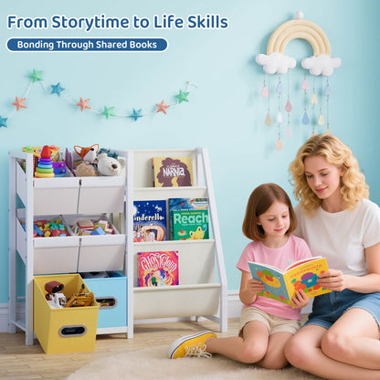 Kids Bookshelf Toy Storage Organizer - Book Shelf for Kid Rooms, 6 Toy Bins for Kid Organizer and 3 Sling Kids Bookcase, Toddler Baby Montessori Nursery Bookshelf Childrens Book Rack Display - BECOKOME