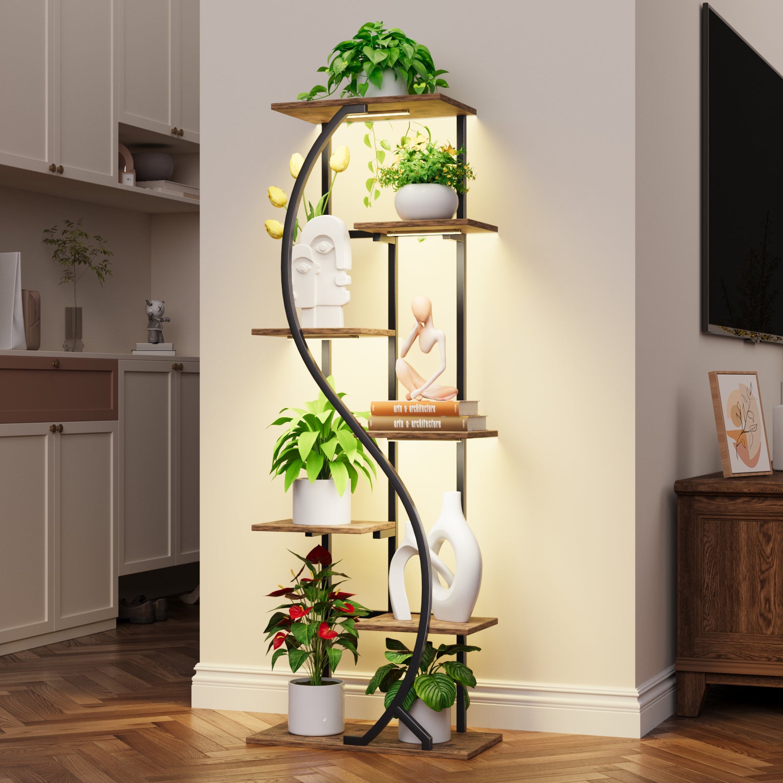 59" Tall Plant Stand with Grow Light Indoor, 7 Tiered Metal Plant Shelf, S-Shaped Flower Display Stand, Corner Storage Shelf for Living Room, Patio, Balcony Decor - BECOKOME
