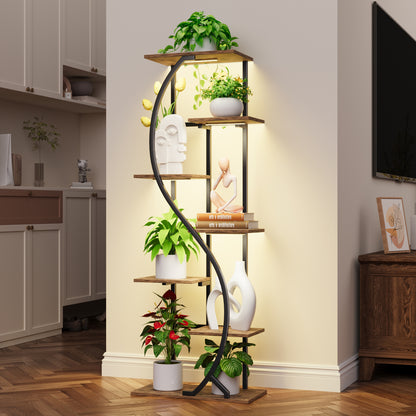 59" Tall Plant Stand with Grow Light Indoor, 7 Tiered Metal Plant Shelf, S-Shaped Flower Display Stand, Corner Storage Shelf for Living Room, Patio, Balcony Decor - BECOKOME