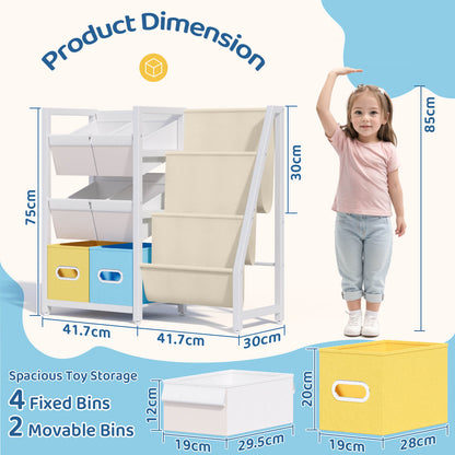Kids Bookshelf Toy Storage Organizer - Book Shelf for Kid Rooms, 6 Toy Bins for Kid Organizer and 3 Sling Kids Bookcase, Toddler Baby Montessori Nursery Bookshelf Childrens Book Rack Display - BECOKOME