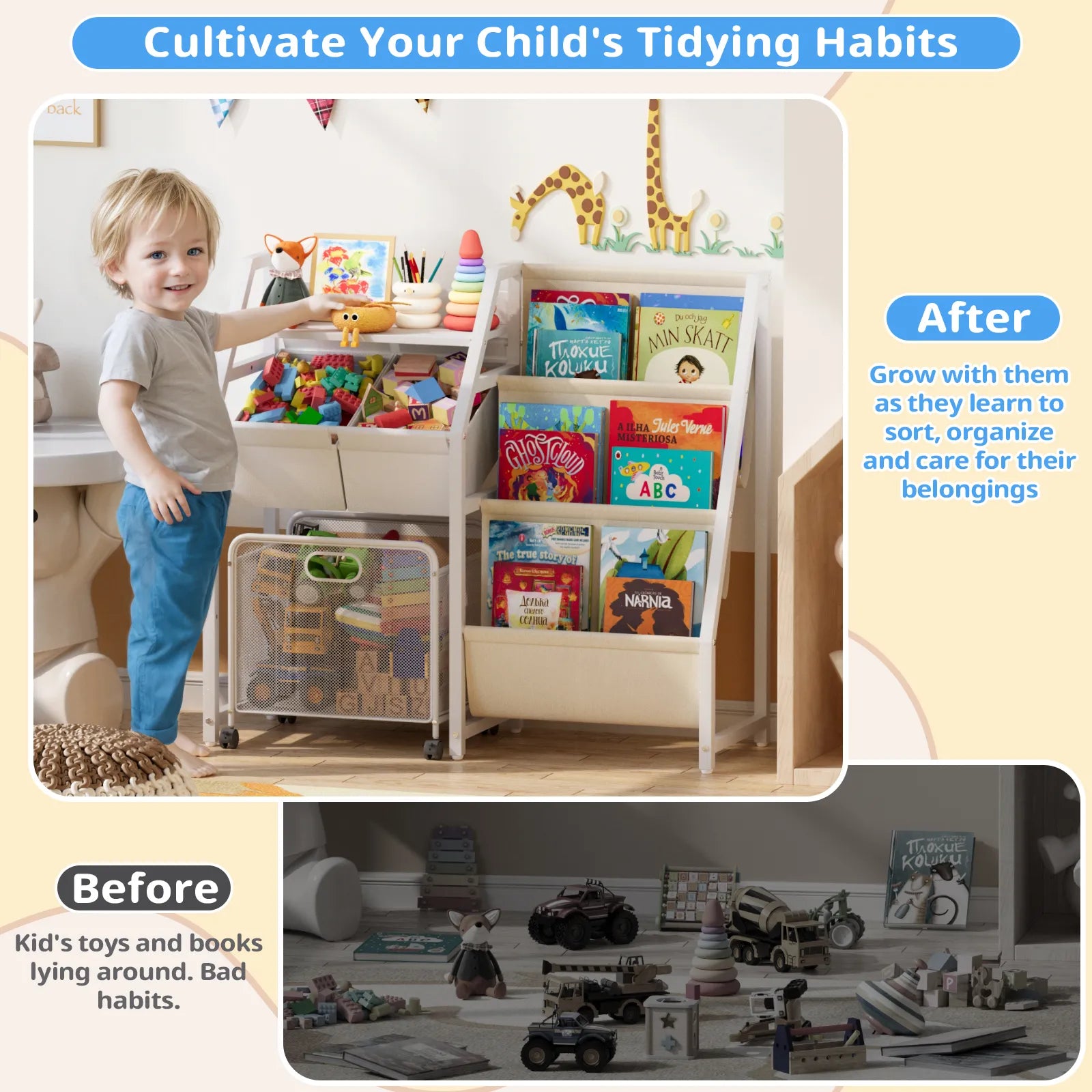 Kids Bookshelf and Toy Storage Organizer - 3 Tier Book Shelf for Kids Rooms with Movable Drawer, Kid Bookcase with 2 Toy Bins, Toddler Baby Childrens Bookshelf, for Bedroom Playroom Classroom (White) - BECOKOME