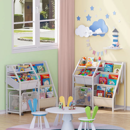 Kids Bookshelf and Toy Storage Organizer - 3 Tier Book Shelf for Kids Rooms with Movable Drawer, Kid Bookcase with 2 Toy Bins, Toddler Baby Childrens Bookshelf, for Bedroom Playroom Classroom (White) - BECOKOME