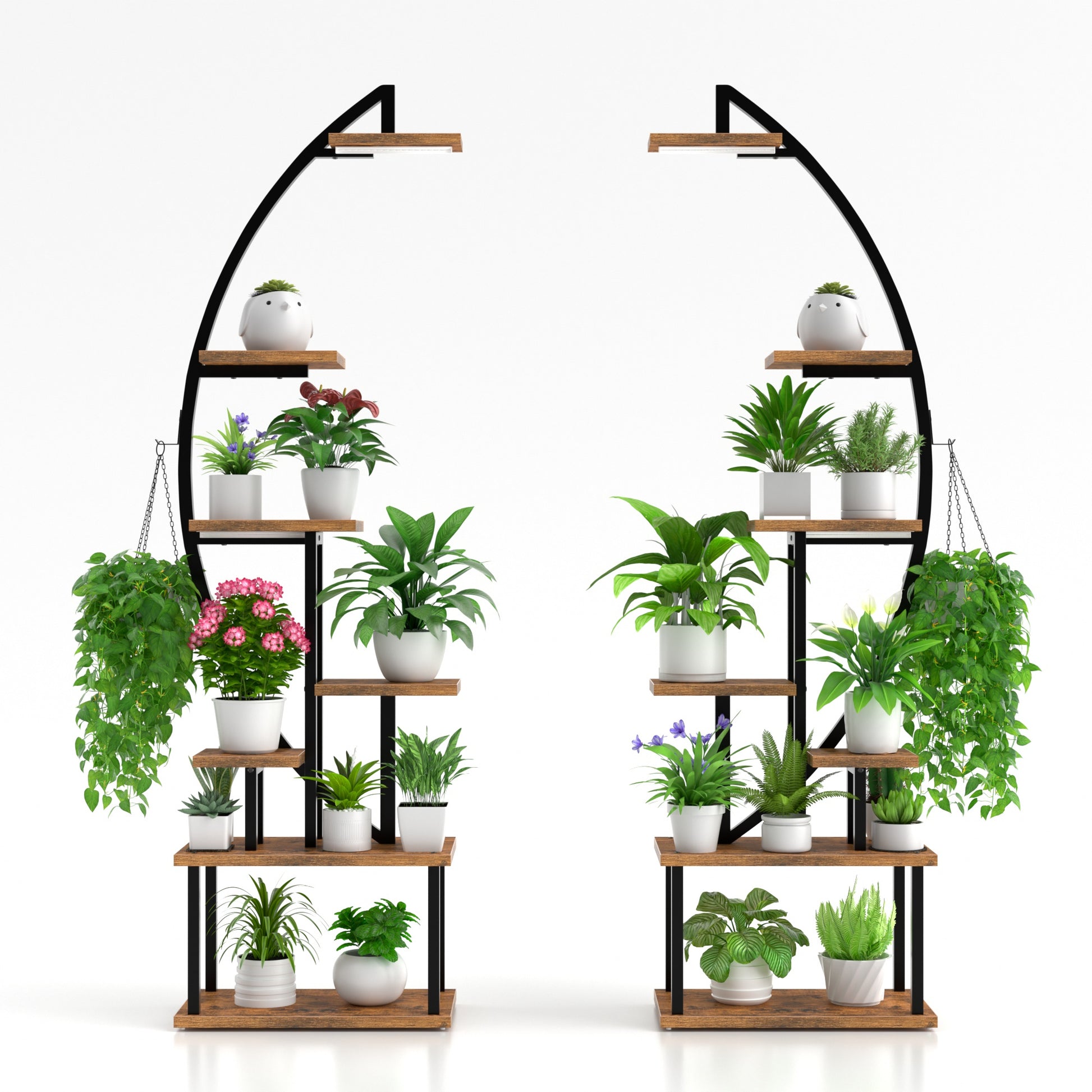 BECOKOME Plant Stand Indoor with Grow Lights, 64" Tall 7-Tiered Lighted Plant Shelf, 2 Pack Metal Corner Plant Holder, Curved Flower Display Stand - BECOKOME