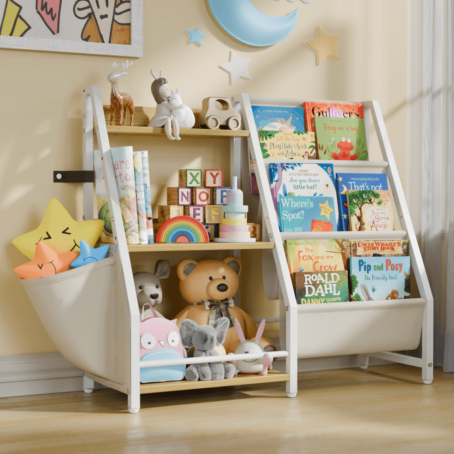 Kids Bookshelf and Toy Organizer, 3 Tier Montessori Bookcase for Bedroom, Playroom, Nursery, Classroom, Toy Storage Rack with Anti-Tip Kit (White) - BECOKOME