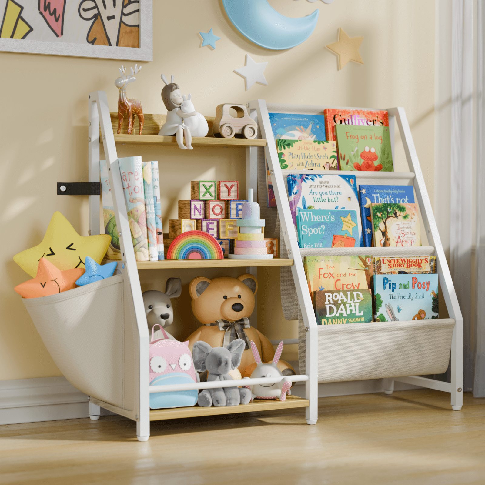 Kids Bookshelf and Toy Organizer, 3 Tier Montessori Bookcase for Bedroom, Playroom, Nursery, Classroom, Toy Storage Rack with Anti-Tip Kit (White) - BECOKOME