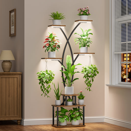 7 Tiered Large Plant Stand Indoor with Grow Lights, 66" Tall Tree-Shaped Metal Display Shelf - BECOKOME