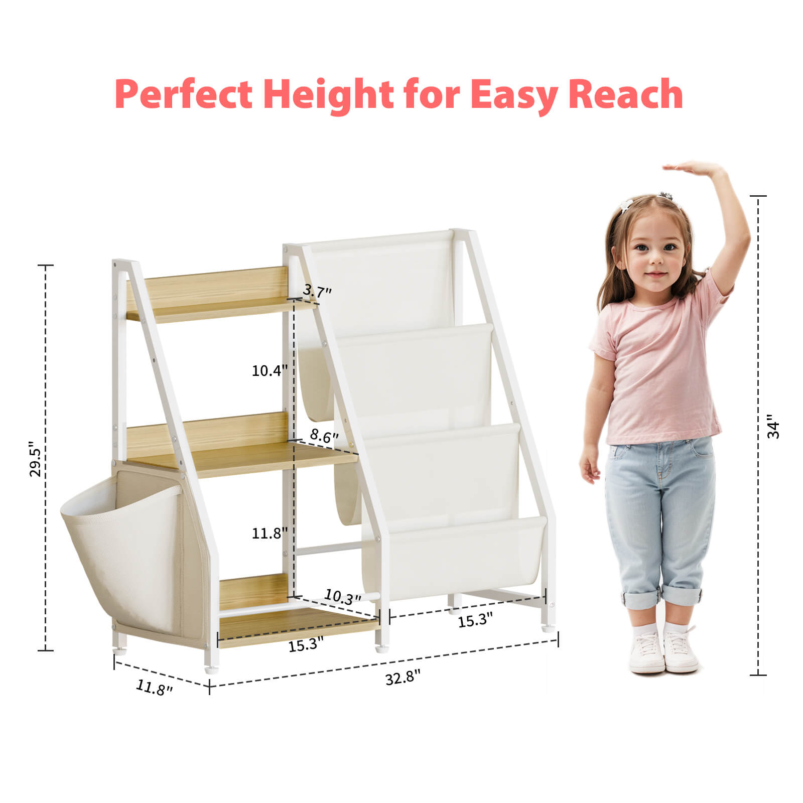 Kids Bookshelf and Toy Organizer, 3 Tier Montessori Bookcase for Bedroom, Playroom, Nursery, Classroom, Toy Storage Rack with Anti-Tip Kit (White) - BECOKOME