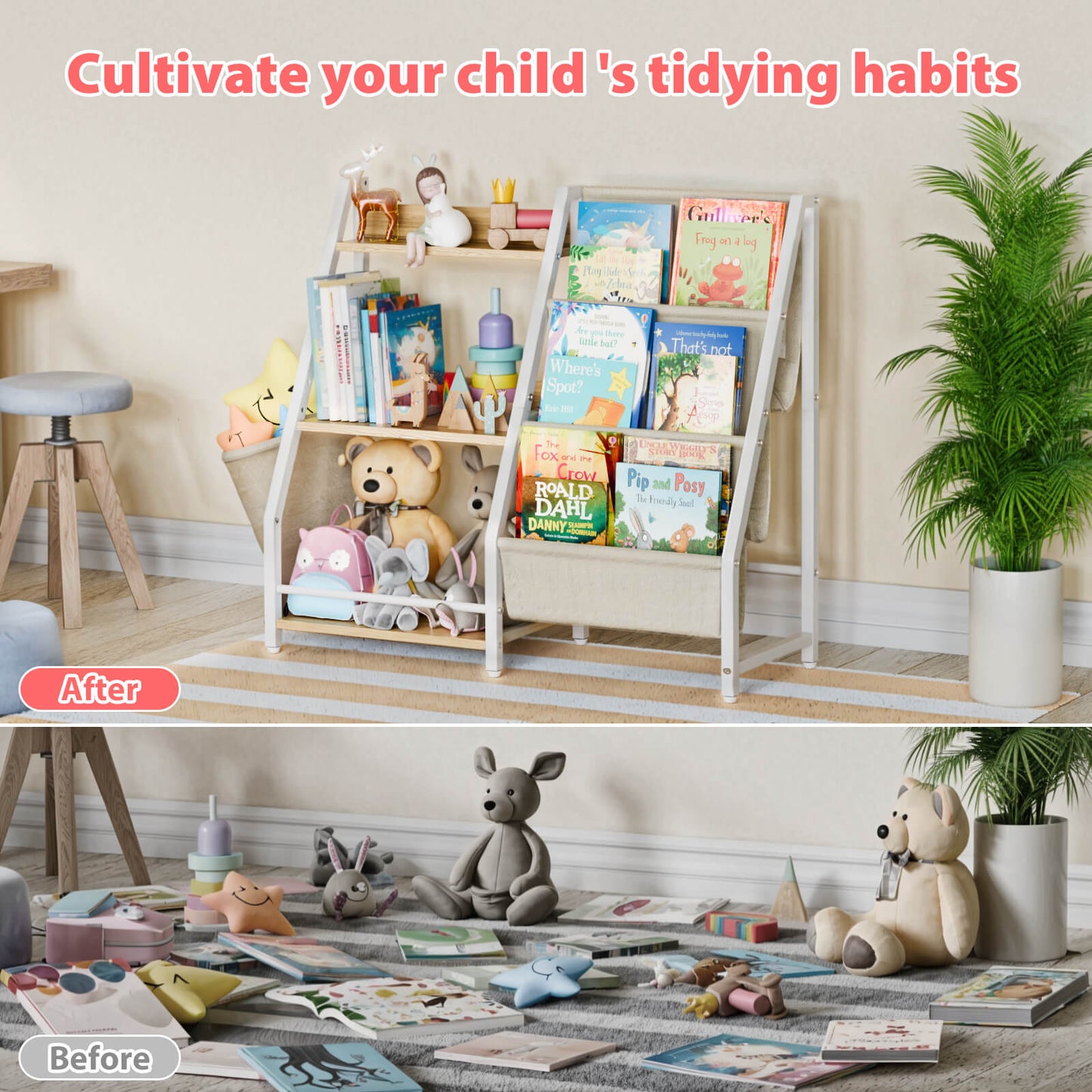 Kids Bookshelf and Toy Organizer, 3 Tier Montessori Bookcase for Bedroom, Playroom, Nursery, Classroom, Toy Storage Rack with Anti-Tip Kit (White) - BECOKOME