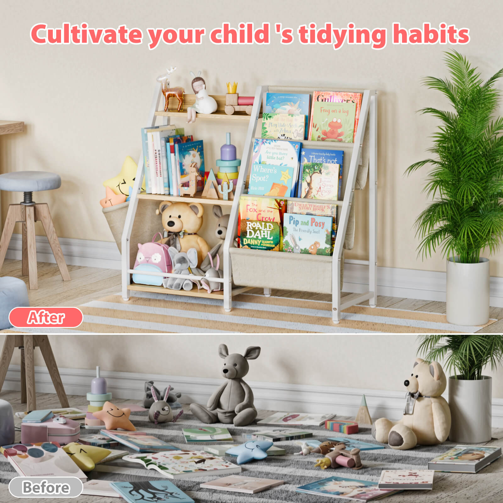 Kids Bookshelf and Toy Organizer, 3 Tier Montessori Bookcase for Bedroom, Playroom, Nursery, Classroom, Toy Storage Rack with Anti-Tip Kit (White) - BECOKOME