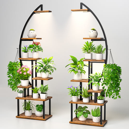 BECOKOME Plant Stand Indoor with Grow Lights, 64" Tall 7-Tiered Lighted Plant Shelf, 2 Pack Metal Corner Plant Holder, Curved Flower Display Stand - BECOKOME