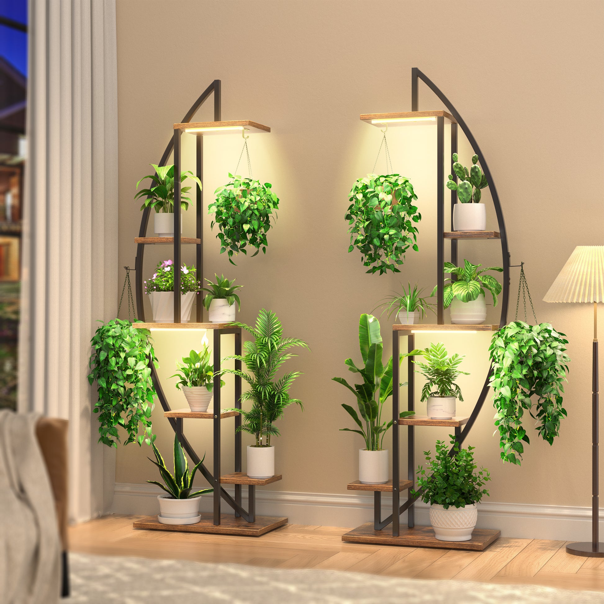 BECOKOME Plant Stand Indoor with Grow Lights, 63" Tall 6-Tiered Lighted Plant Shelf, 2 Pack Metal Corner Plant Holder, Curved Flower Display Stand - BECOKOME