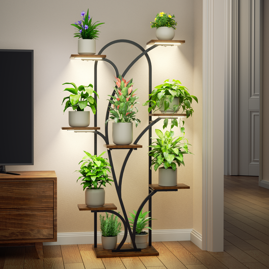 POZILAN Plant Stand Indoor with Grow Light, 55.6" Corner Plant Shelf Indoor, 8 Tiered Tall Plant Stands for Indoor Plants Display Rack Holder, Flower Stand for Balcony, Living Room, Patio - BECOKOME