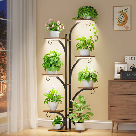 63" Tall 7-Tier Plant Stand with Grow Light – Indoor Metal Corner Shelf for Multiple Plants and Flowers