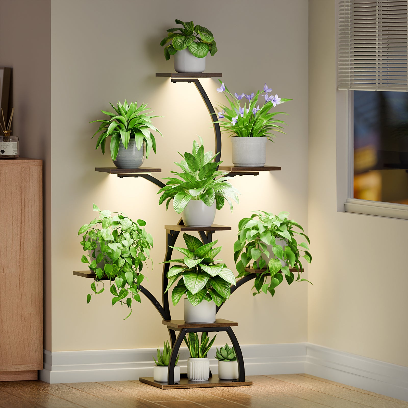 Plant Stand Indoor with Grow Lights, 6 Tiered Plant Shelf Indoor, 50" Corner Plant Stands for Indoor Plants, Lighted Tree-Shaped Plant Holder, Tall Flower Display Rack for Living Room - BECOKOME