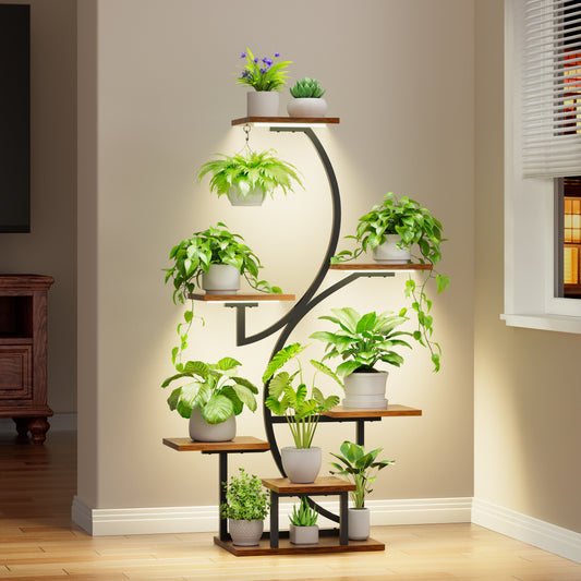 BECOKOME Plant Stand Indoor with Grow Lights, 44" Tall 7-Tier Lighted Plant Shelf, S-Shaped Flower Display Stand - BECOKOME