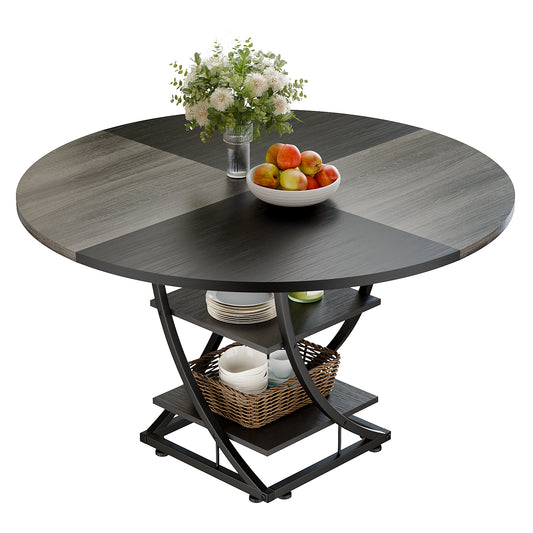 Round Dining Table for 4-6, 47 inch Circle Kitchen Table with 2-Layer Storage Shelf, Modern Wood Dinner Table with Heavy Duty Pedestal for Dining Room, Farmhouse, Living Room, Kitchen, Black & Grey - BECOKOME