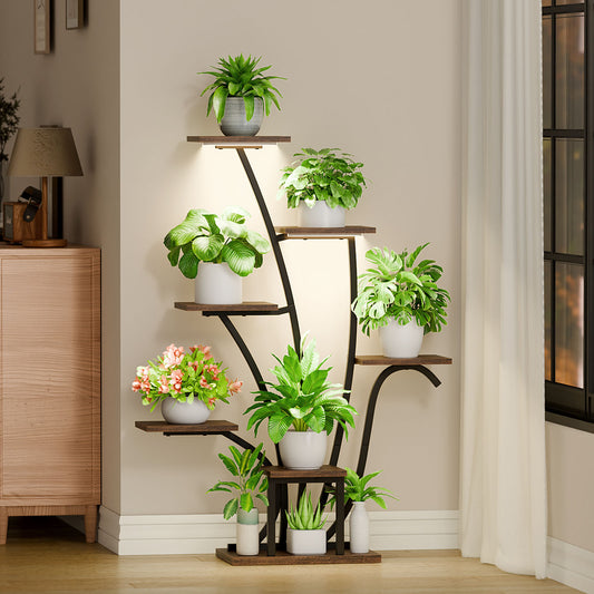 Plant Stand Indoor with Grow Lights - Corner Plant Shelf Indoor, 43" Tall Plant Stand for Indoor Plants, 7 Tiered Large Lighted Flower Stands Display Holder for Living Room, Patio Decor, Black - BECOKOME