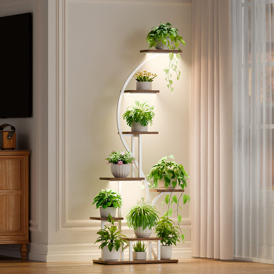 Plant Stand Indoor with Grow Lights - 8 Tier Corner Plant Shelf , 65'' Lighted Plant Rack for Indoor Plants Multiple Growing, S-Shaped Metal Plant Holder for Living Room, Patio, Balcony - BECOKOME