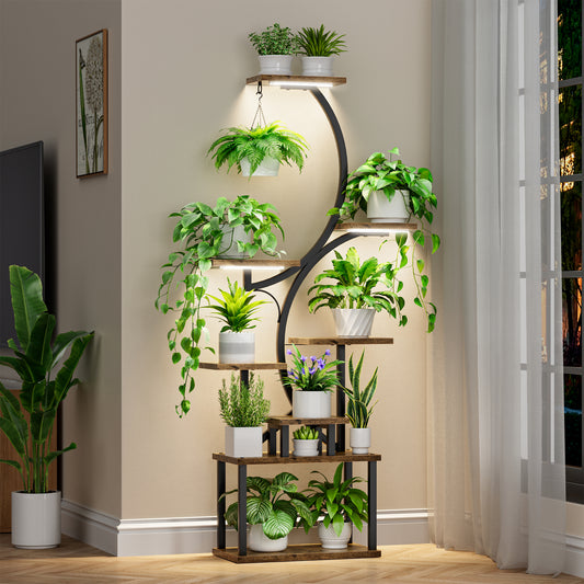 BECOKOME Plant Stand Indoor with Grow Lights, 44" Tall 7-Tier Lighted Plant Shelf, S-Shaped Flower Display Stand - BECOKOME
