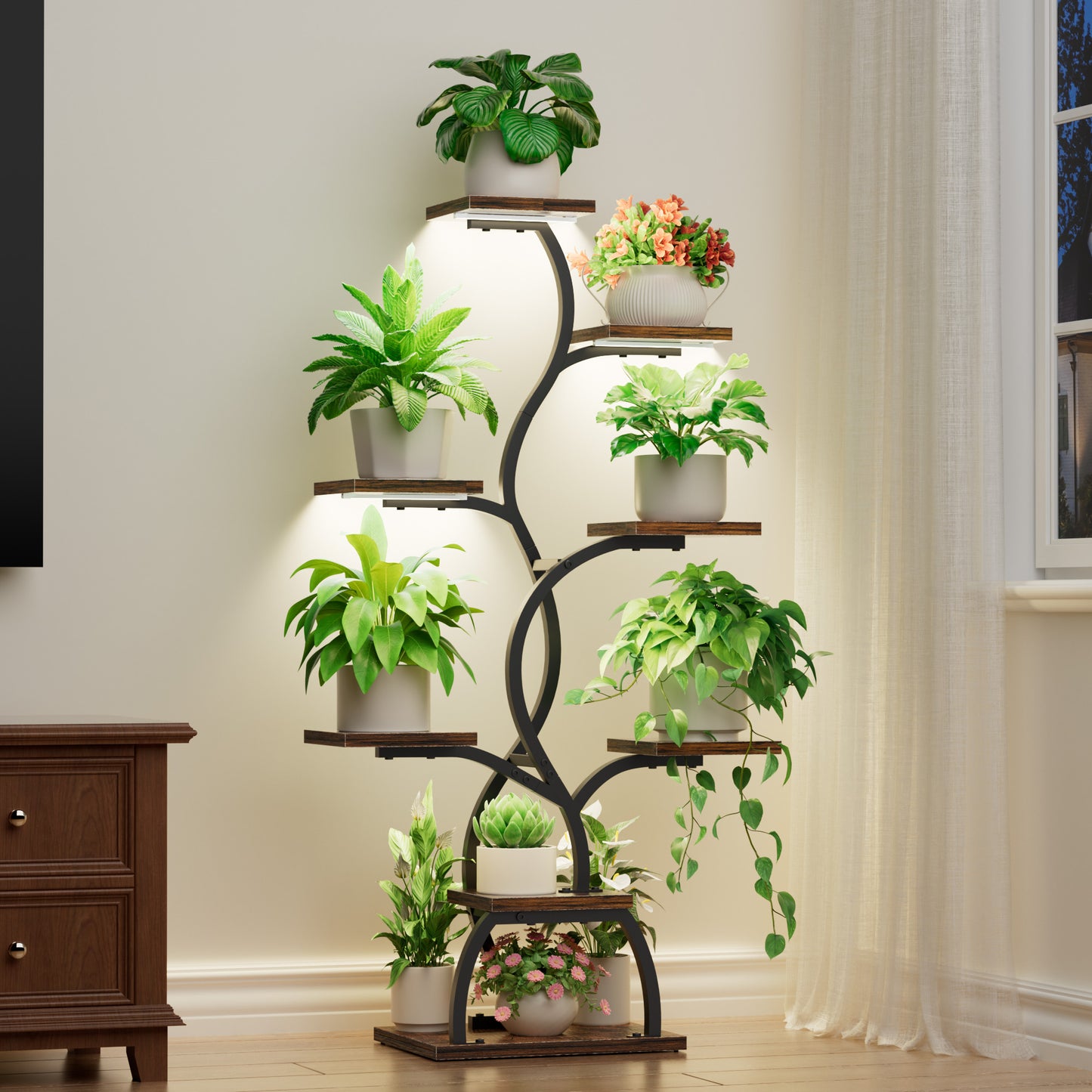 Plant Stand Indoor with Grow Light - 8 Tiered Plant Shelf Indoor, Corner Plant Stand, 49" Tall Plant Shelf with Lights for Indoor Growing, Lighted Flower Holder for Living Room, Balcony, Black - BECOKOME