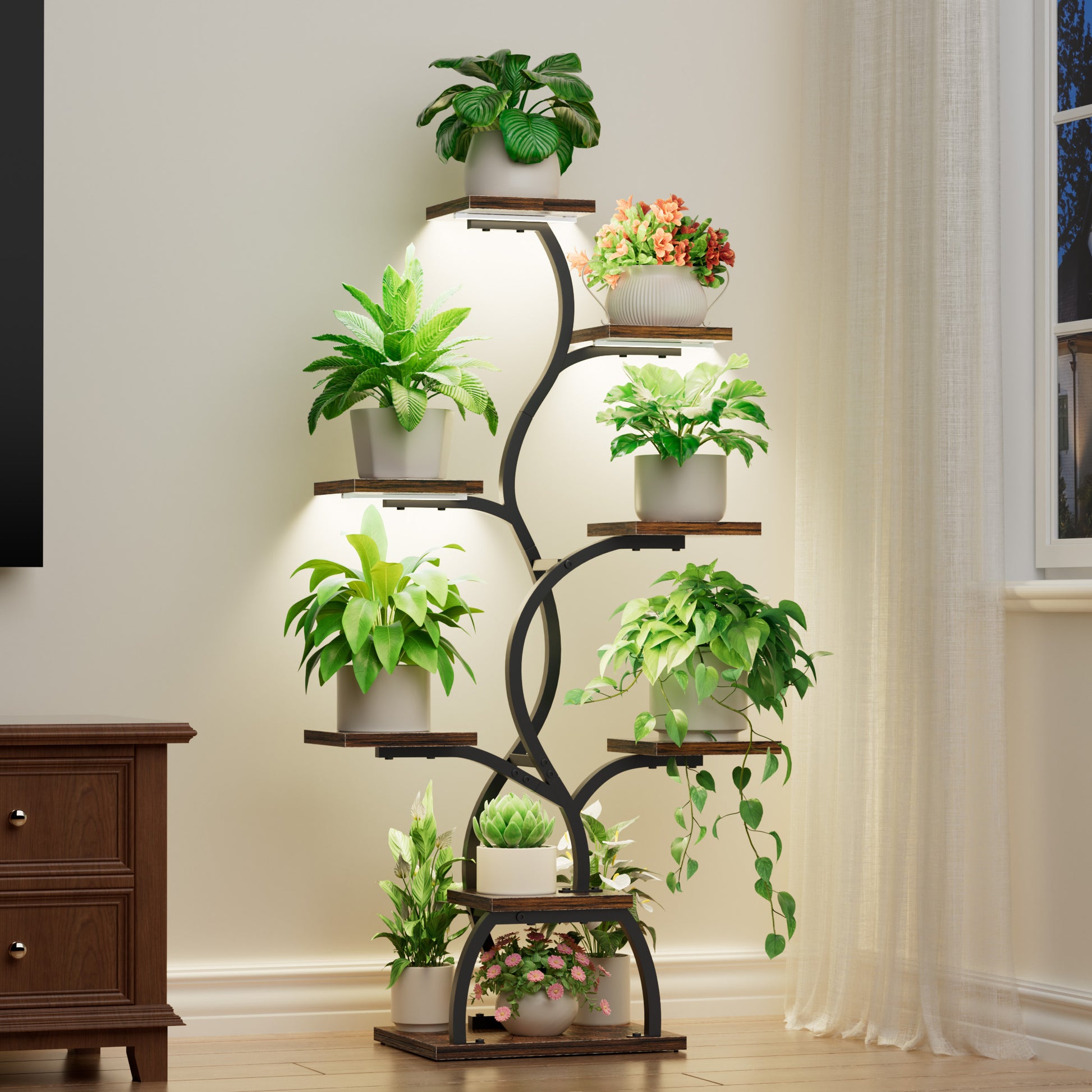 Plant Stand Indoor with Grow Light - 8 Tiered Plant Shelf Indoor, Corner Plant Stand, 49" Tall Plant Shelf with Lights for Indoor Growing, Lighted Flower Holder for Living Room, Balcony, Black - BECOKOME