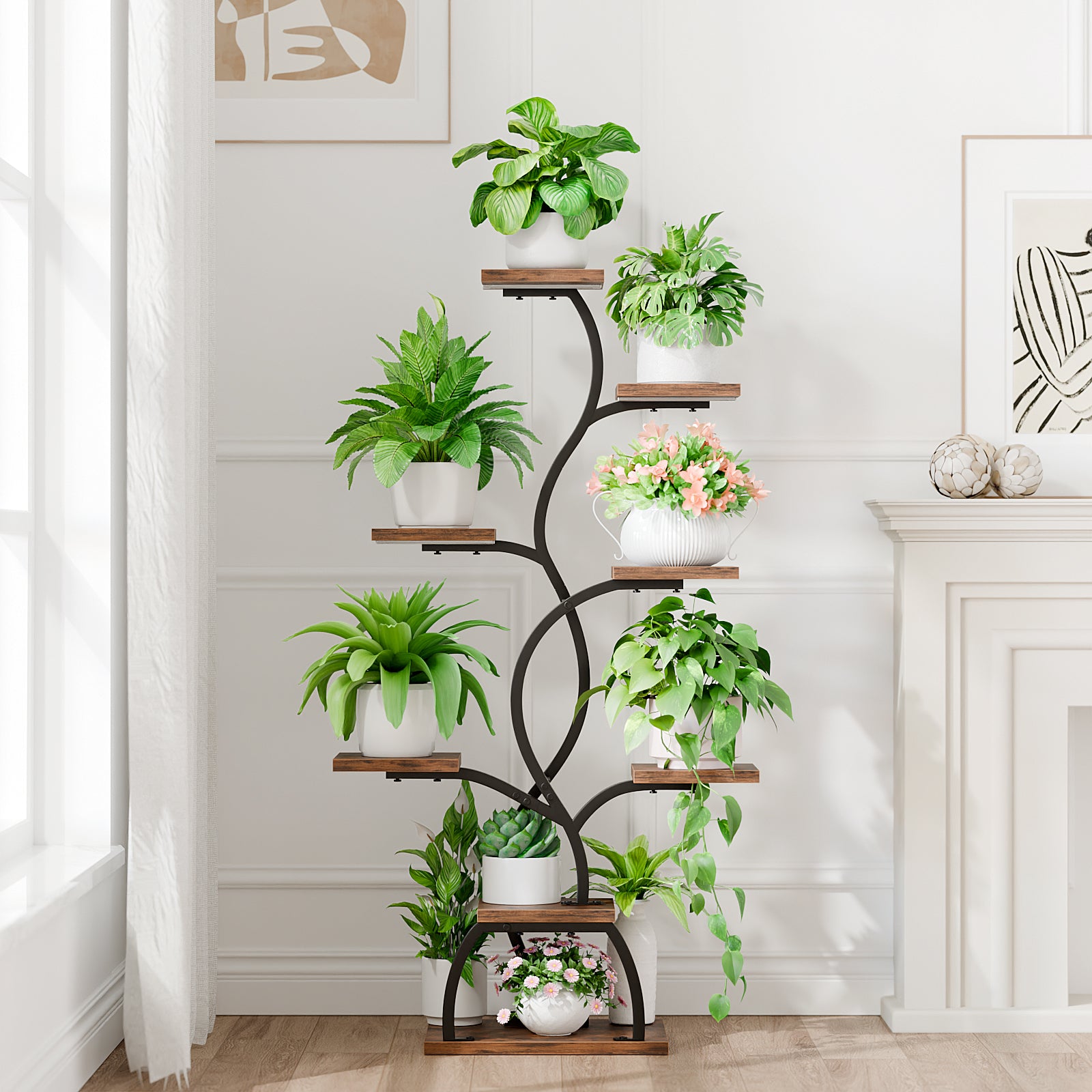 Plant Stand Indoor with Grow Light - 8 Tiered Plant Shelf Indoor, Corner Plant Stand, 49" Tall Plant Shelf with Lights for Indoor Growing, Lighted Flower Holder for Living Room, Balcony, Black - BECOKOME